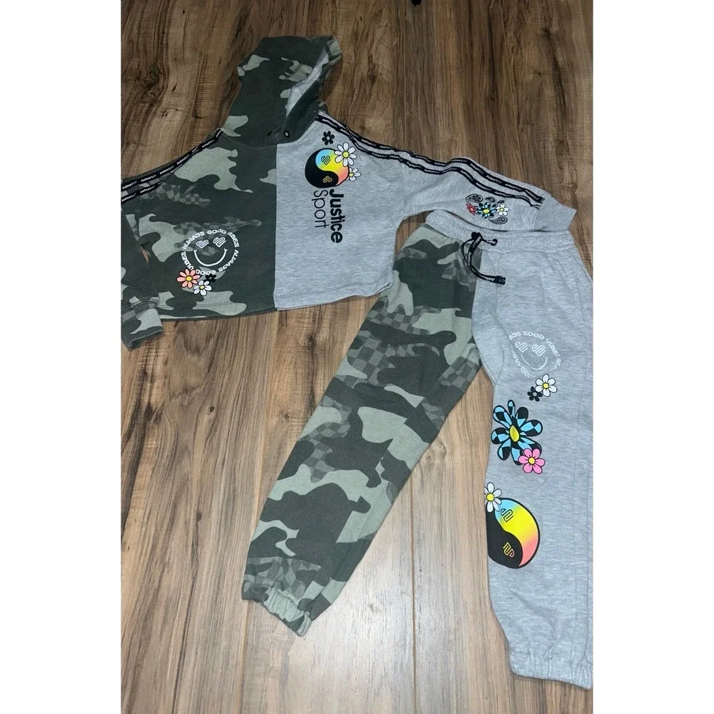 Girls Justice Sport‎ Cropped Hoodie and Sweatpants, Camo/Gray, X Small